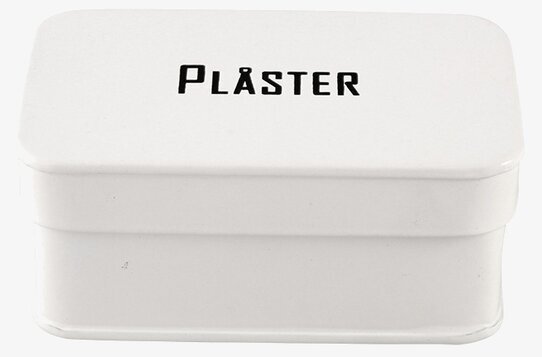 Plåtburk Svarte Petter Plåster från Strömshaga, vit med text
