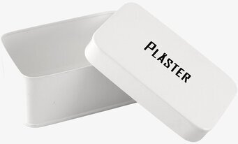 Plåtburk Svarte Petter Plåster från Strömshaga, vit burk
