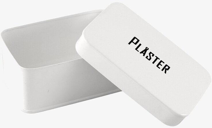 Plåtburk Svarte Petter Plåster från Strömshaga, vit burk