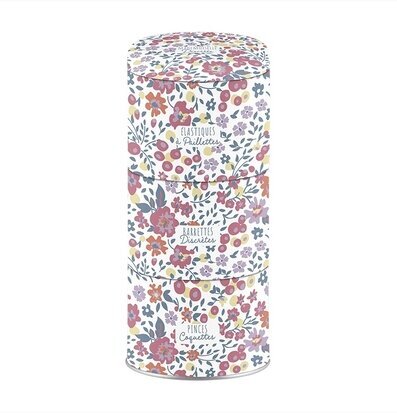 Bild av färgglad plåtburk med blommönster och etiketter