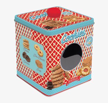 Bild av färgglad retroinspirerad plåtburk för kakor