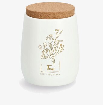 Bild av stilfull plåtburk i vit och guld med korklock