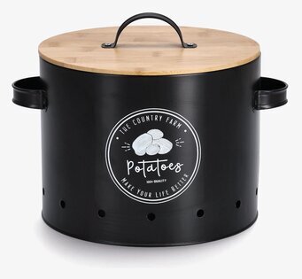 Foto av stilren svart plåtburk för potatisförvaring