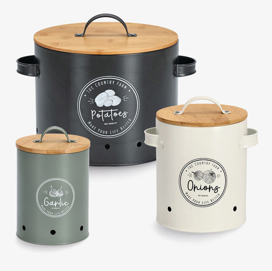 Plåtburk Potatis Lök Vitlök Zeller Plåtburkar Metallburkar