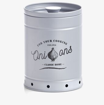 Bild av elegant grå plåtburk för förvaring av lök