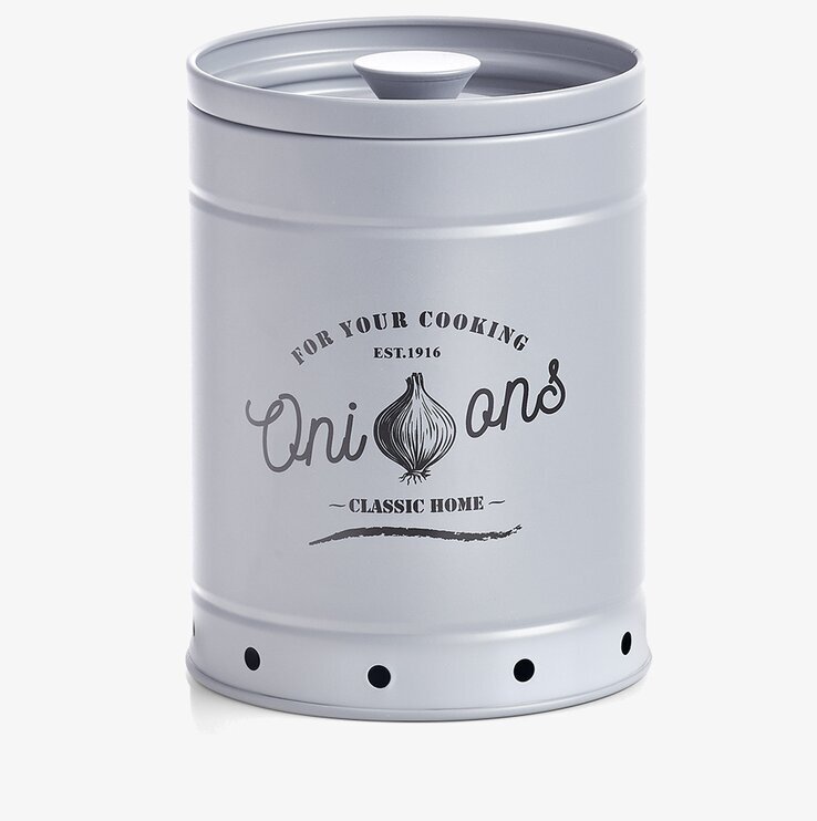 Bild av elegant grå plåtburk för förvaring av lök