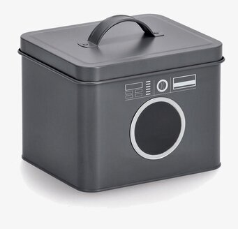 Foto av stilren liten plåtburk för tvättmedelsförvaring