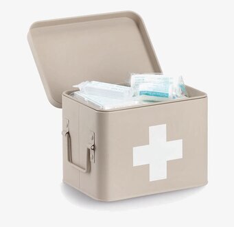 Bild på stilren medicinburk i beige med vita detaljer