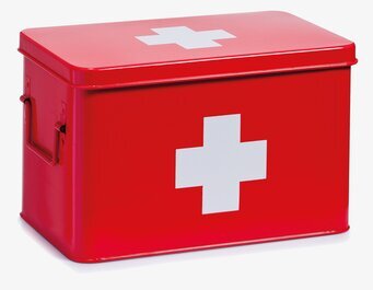 Bild av stor röd plåtburk med vitt kors och handtag