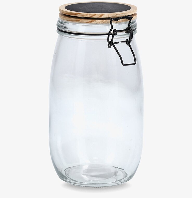 Foto av elegant glasburk med trälock och griffelyta