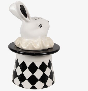 Bild av plåtburk med kaninmotiv och harlekinmönster