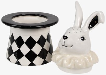 Bild av unik porslinsburk med kaninhuvud och hattmönster