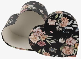 Bild av dekorativa hjärtformade plåtburkar med blommotiv