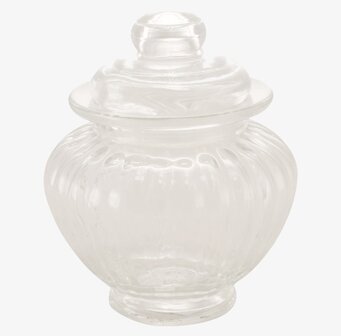 Bild av liten rund glasburk med räfflad design