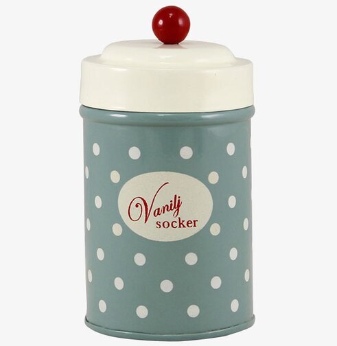 Plåtburk Betty Vaniljsocker från Strömshaga i ljusblått