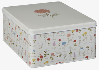 Bild av elegant plåtburk med blommönster och offwhite ton