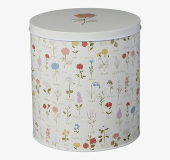 Bild av rund plåtburk med blommigt mönster och pastellfärger