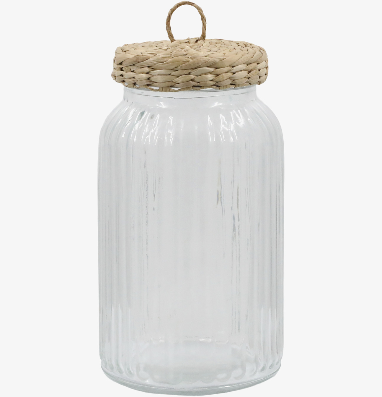 Bild av stor glasburk med flätat lock och elegant design