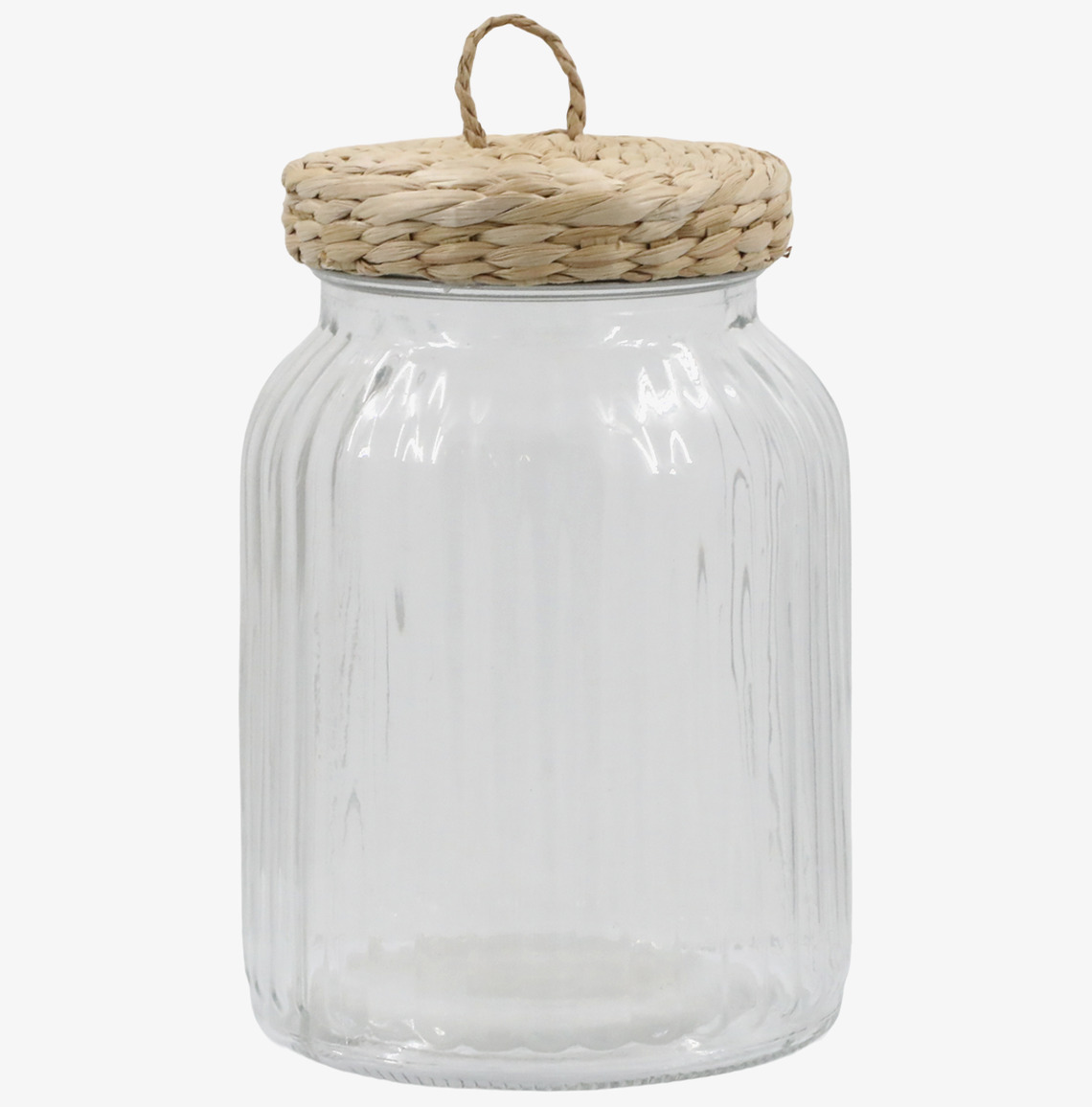 Bild av elegant glasburk med flätat lock och räfflor