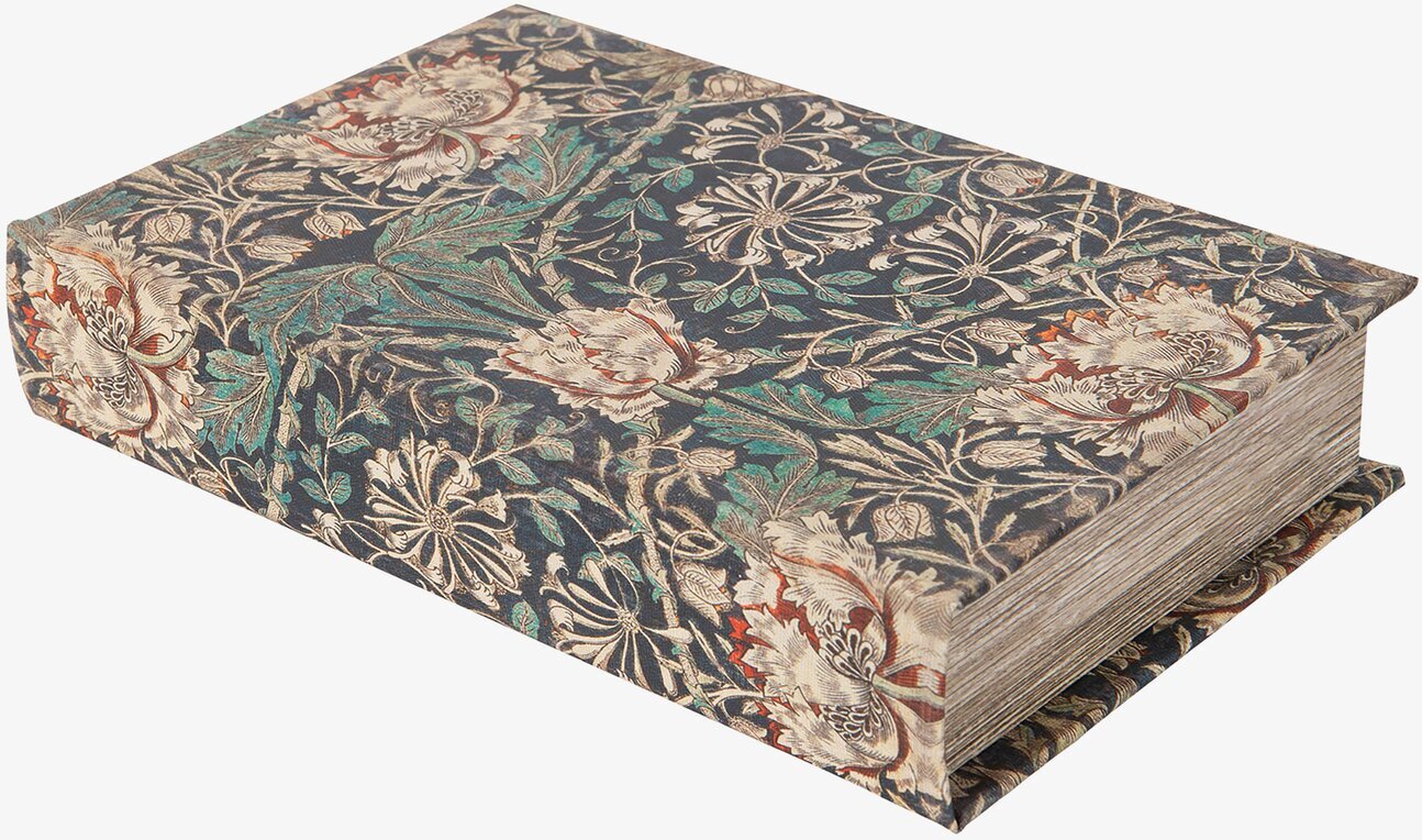 Bild av exklusiv plåtburk med bokdesign och blommotiv