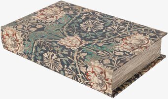 Bild av exklusiv plåtburk med bokdesign och blommotiv