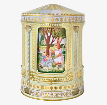 Bild av påsktematiserad plåtburk med kanin och ägg