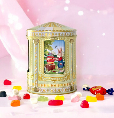 Bild av elegant plåtburk med påsktema och kaninmotiv