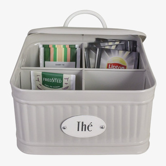 Bild av elegant beige plåtburk med fack för tepåsar