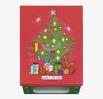 Bild av färgglad plåtburk med julmotiv och dekorationer