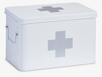 Bild av stor vit medicinburk med grått plusmärke