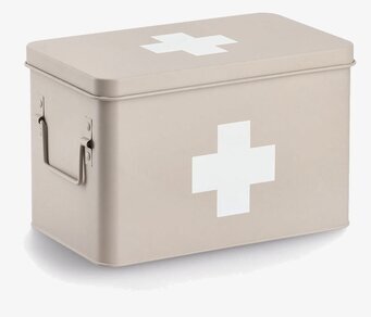 Bild av stilren beige plåtburk med medicinsymbol