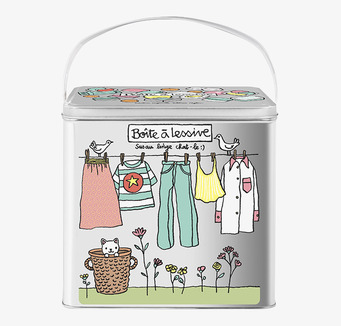 Bild av färgglad plåtburk för tvättmedel med kattmotiv