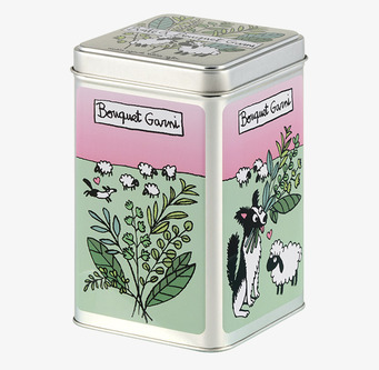 Bild av färgglad plåtburk med kryddtema och kattmotiv