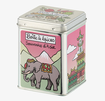 Bild av livfull plåtburk med asiatiska motiv och elefant