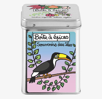 Bild av färgglad plåtburk med exotisk fågel och kryddmotiv