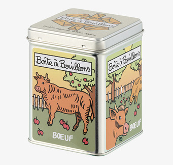 Bild av dekorativ fyrkantig plåtburk med köttbuljongmotiv