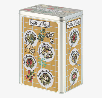 Bild av elegant plåtburk med dekorativa pastamotiv