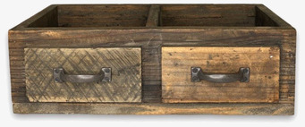 Bild av förvaringslåda i trä med två fack och metallhandtag