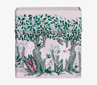 Bild av kvadratisk plåtburk med Muminmotiv och vårkastanj