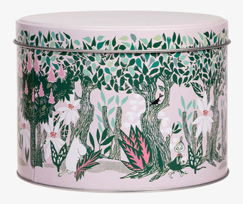 Bild av rund plåtburk med vårkastanj och sagolikt skogsmotiv