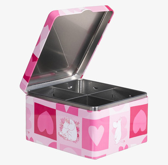 Bild av fyrkantig plåtburk med fack och rosa Muminmotiv