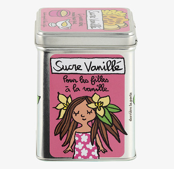 Bild på rektangulär plåtburk med rosa motiv och vaniljblommor