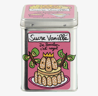 Bild på rektangulär plåtburk för vaniljsocker med rosa etikett