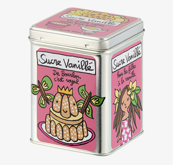 Bild av fyrkantig plåtburk med färgglada motiv och vaniljtema