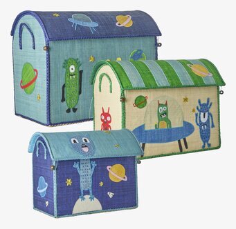 Bild på färgglada förvaringsburkar med monster och rymdtema