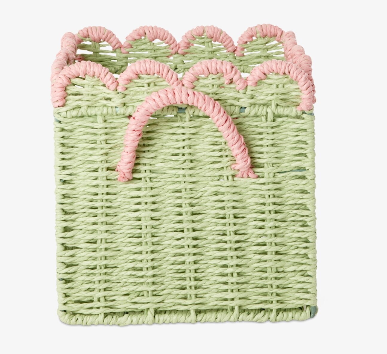 Bild på rektangulär grön förvaringslåda med rosa detaljer