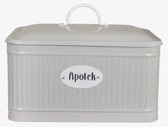 Bild på beige plåtburk med apoteksskylt och handtag