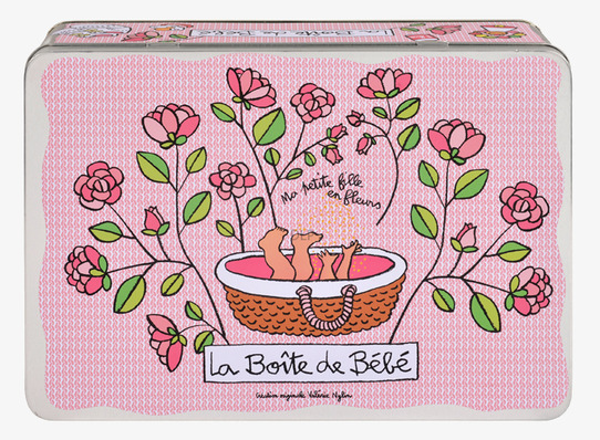 Bild av rektangulär plåtburk med rosa och blommigt motiv