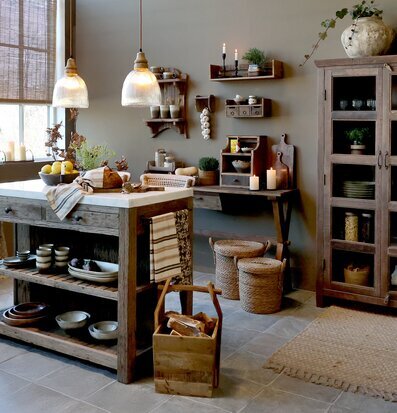 Bild av lantligt kök med naturliga material och smart förvaring