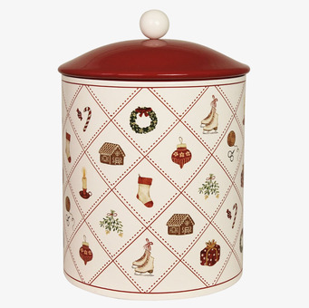 Bild på stor plåtburk med julmotiv och dekorativ design